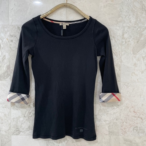 Burberry Tops - BURBERRY BRIT {M} Black Tee Nova Check Scoop Neck Three-Quarter Sleeve T-Shirt